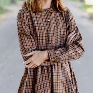Son de Flor Classic Linen Dress in Brown Check